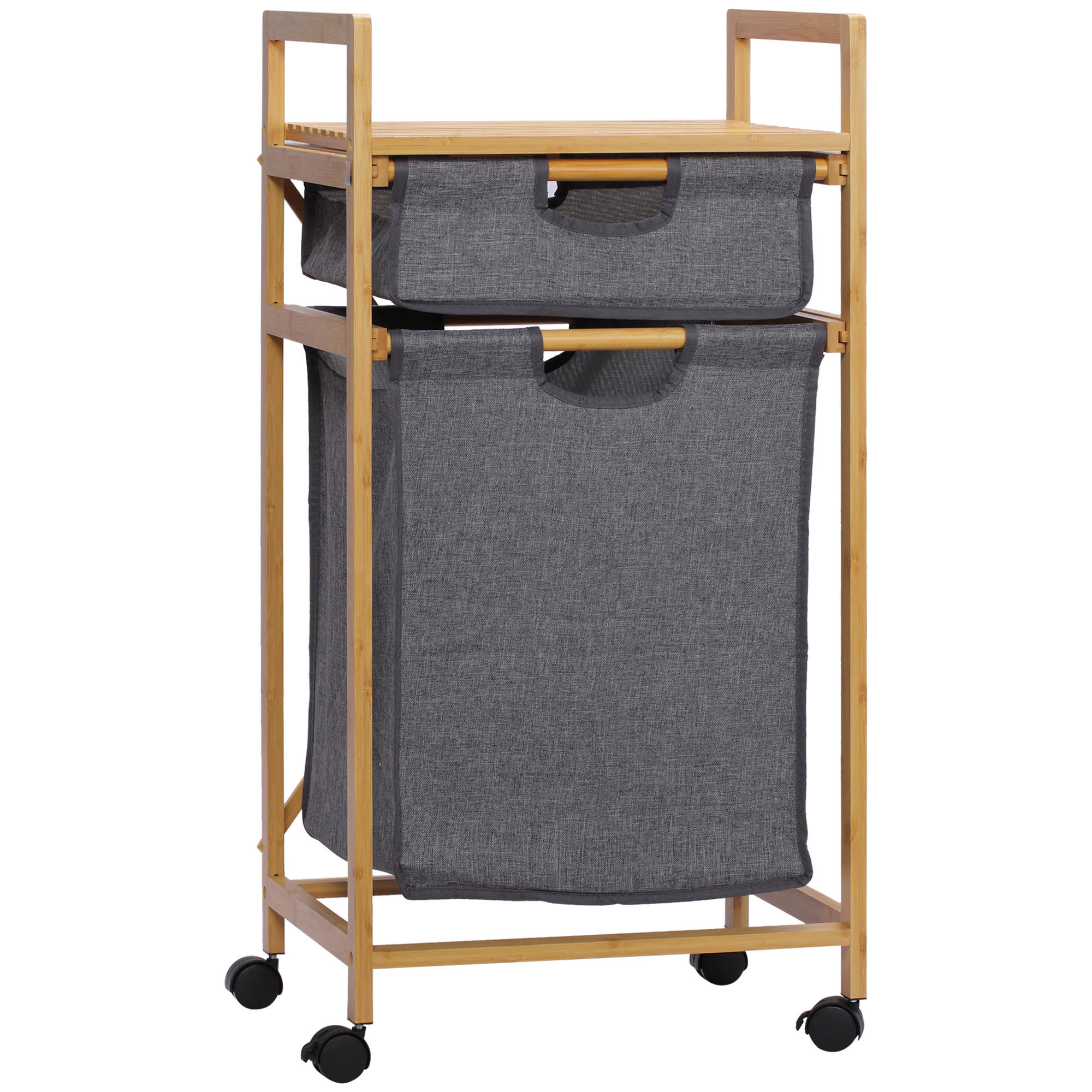 WÄSCHEKORB, Bambus, Polyester Natur+Grau - Naturfarben/Grau, Naturmaterialien (35/84.5/42cm) - HOMCOM