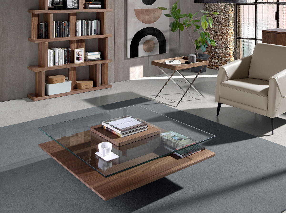 COUCHTISCH Quadratisch Glas , Walnuss 100/100/35 cm - Transparent/Nussbaumfarben, Glas/Holz (100/100/35cm) - ANGEL CERDA