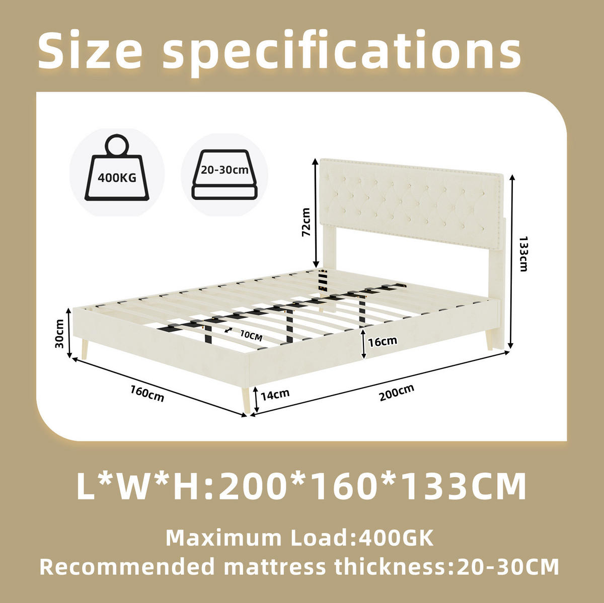 POLSTERBETT 160/200 cm mit hohem Kopfteil, Stauraum unter dem Bett und Matratze, Beige - Beige, Textil (160/200cm) - Redom