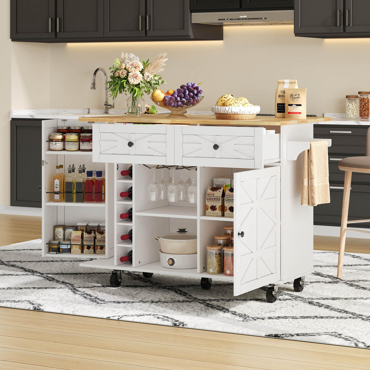 KÜCHENINSEL 120x70x89cm Weiß mit Klappplatte,Schubladen,Weinregal & Rollen - Weiß, Holzwerkstoff (120/89/70cm) - Modfu