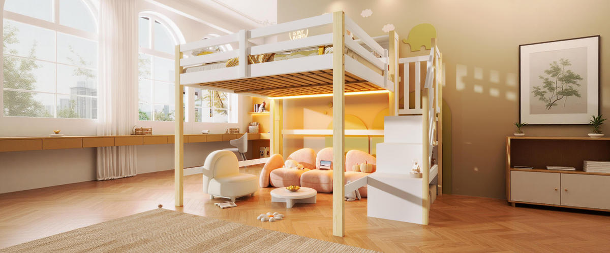 HOCHBETT 140/200 cm mit LED-Beleuchtung, Stauraumtreppe und offenem Staufach, Weiß - Weiß, Holz (140/200cm) - Redom