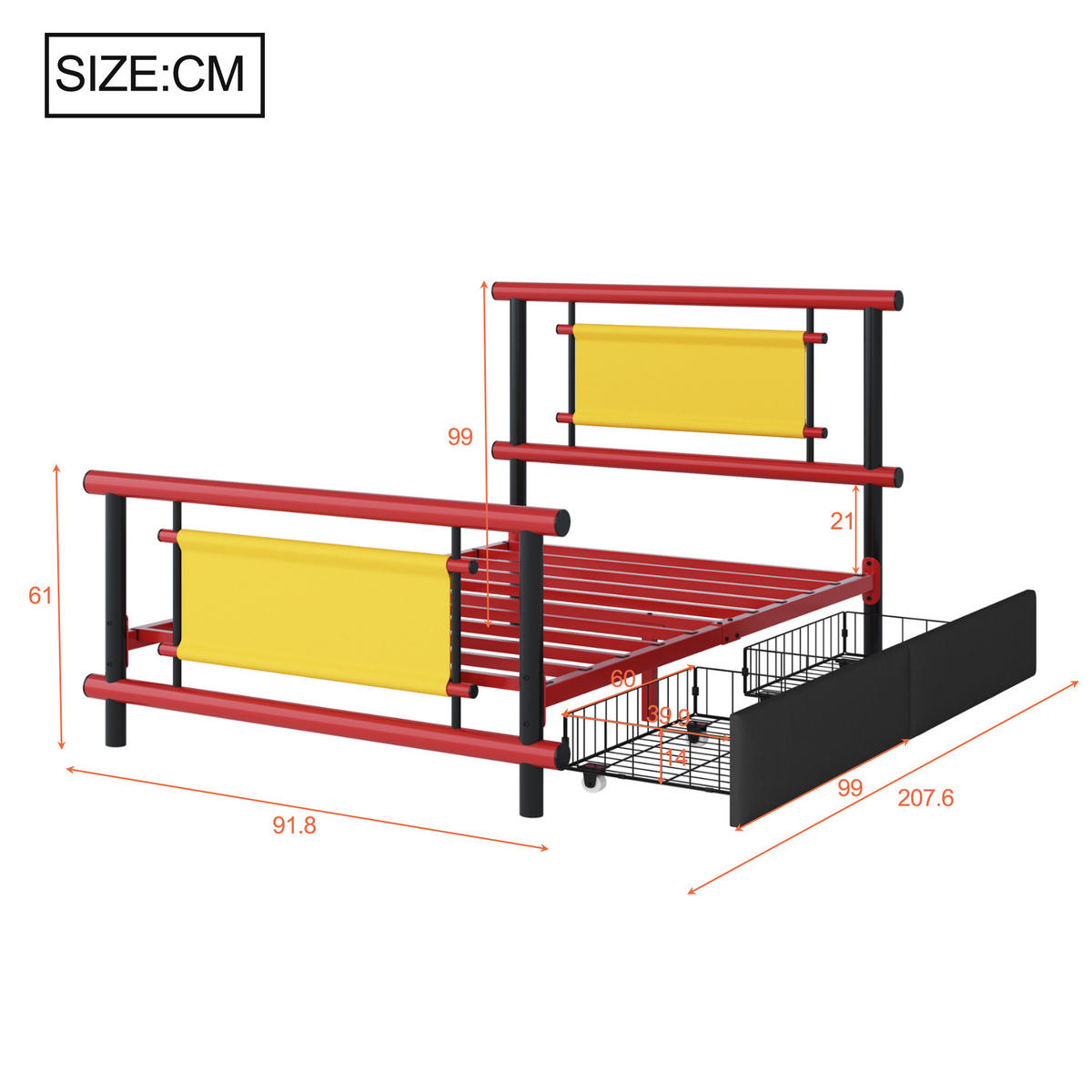 KINDERBETT 90/200 cm in Rot mit Schubladen aus Metall - Rot, Metall (90/200cm) - CHICFURN
