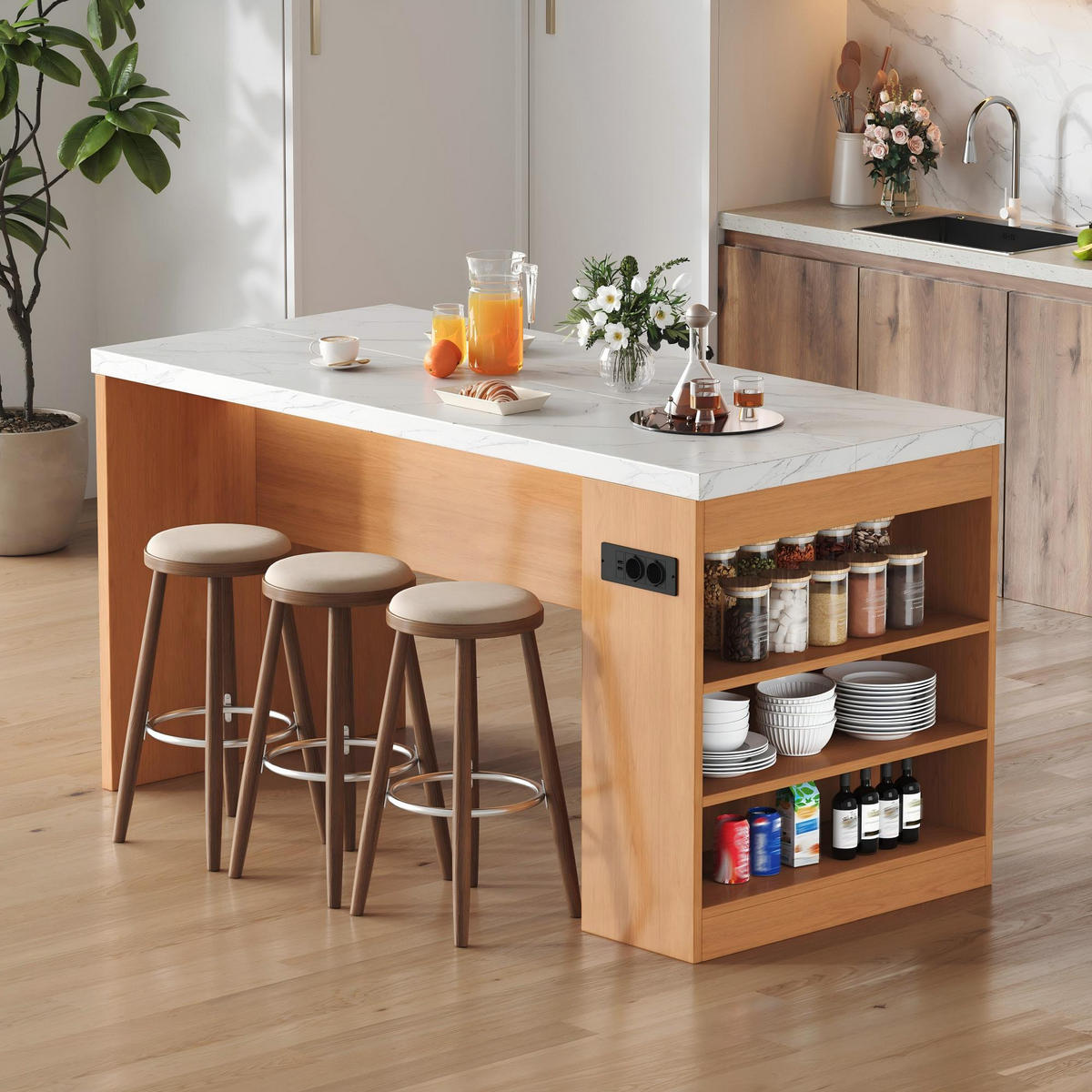 KÜCHENINSEL 90 cm MDF Natur Weiß mit LED-Beleuchtung und USB-Steckdose - Weiß, Holzwerkstoff (80/90/155cm) - Korfee