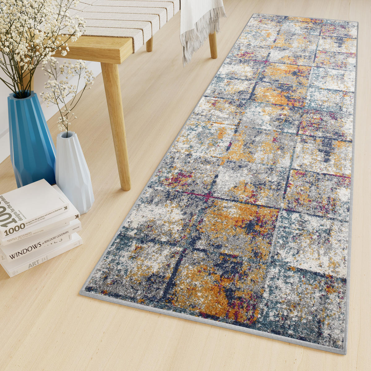 TEPPICHLÄUFER LAZUR Weiß Dunkelblau 70/1200 cm - Multicolor, Textil (70/1200cm) - Tapiso