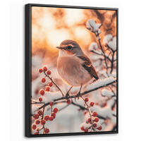 LEINWAND Bilder mit Rahmen - Vogel - Zweig - Winter - Tiere - Schnee - 30x40 - Bernsteinfarben, Textil (30/40cm) - MuchoWow