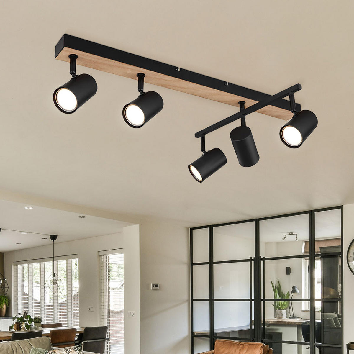 LED DECKENLEUCHTE Metall Schwarz Holzoptik 5-flammig - Schwarz, Metall (70/35/18cm) - Globo Lighting