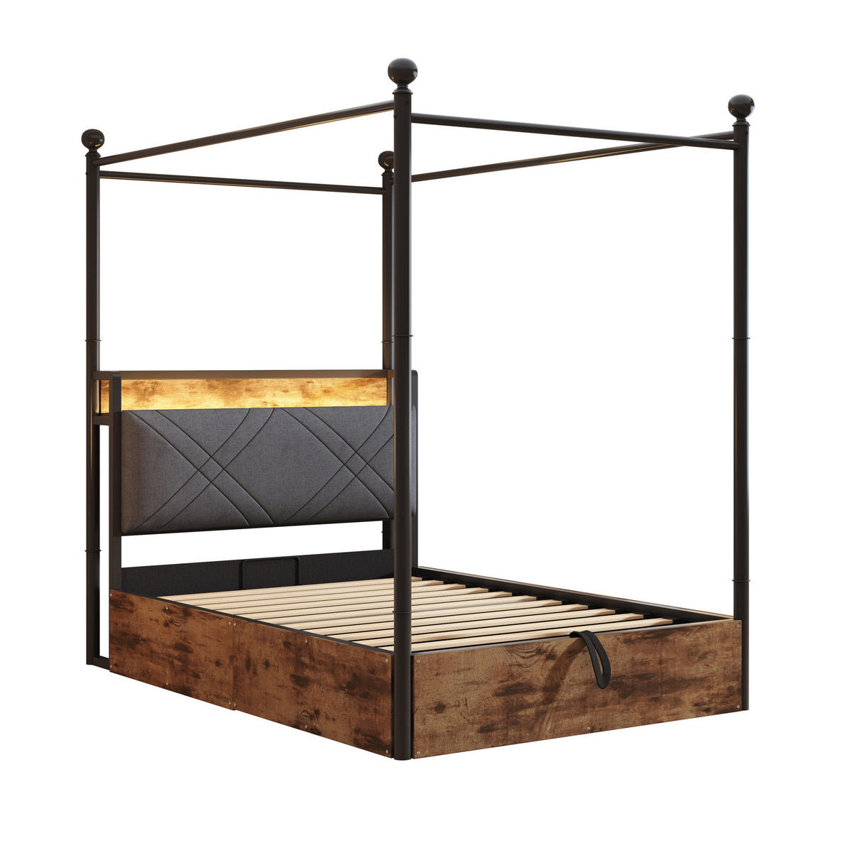 KOVOVÁ postel 90/190 cm s odnímatelným baldachýnem, LED osvětlením, USB a úložným prostorem, Černá - černá, kov (90/190cm) - Redom