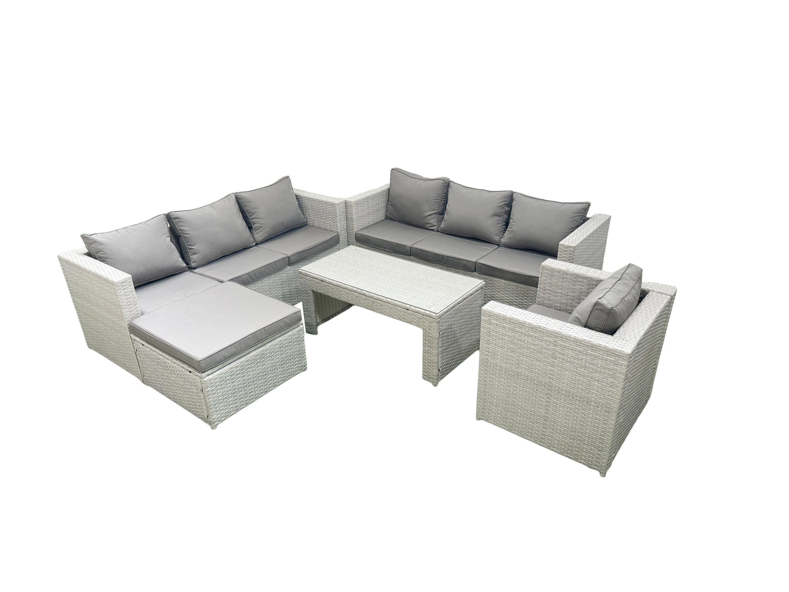 GARTENSOFA hohe Rückenlehne Polyrattan Hellgrau-Mix 8-Sitzer - Hellgrau/Grau, Glas/Kunststoff - Fimous