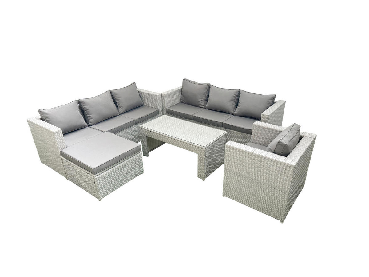 GARTENSOFA hohe Rückenlehne Polyrattan Hellgrau-Mix 8-Sitzer - Hellgrau/Grau, Glas/Kunststoff - Fimous