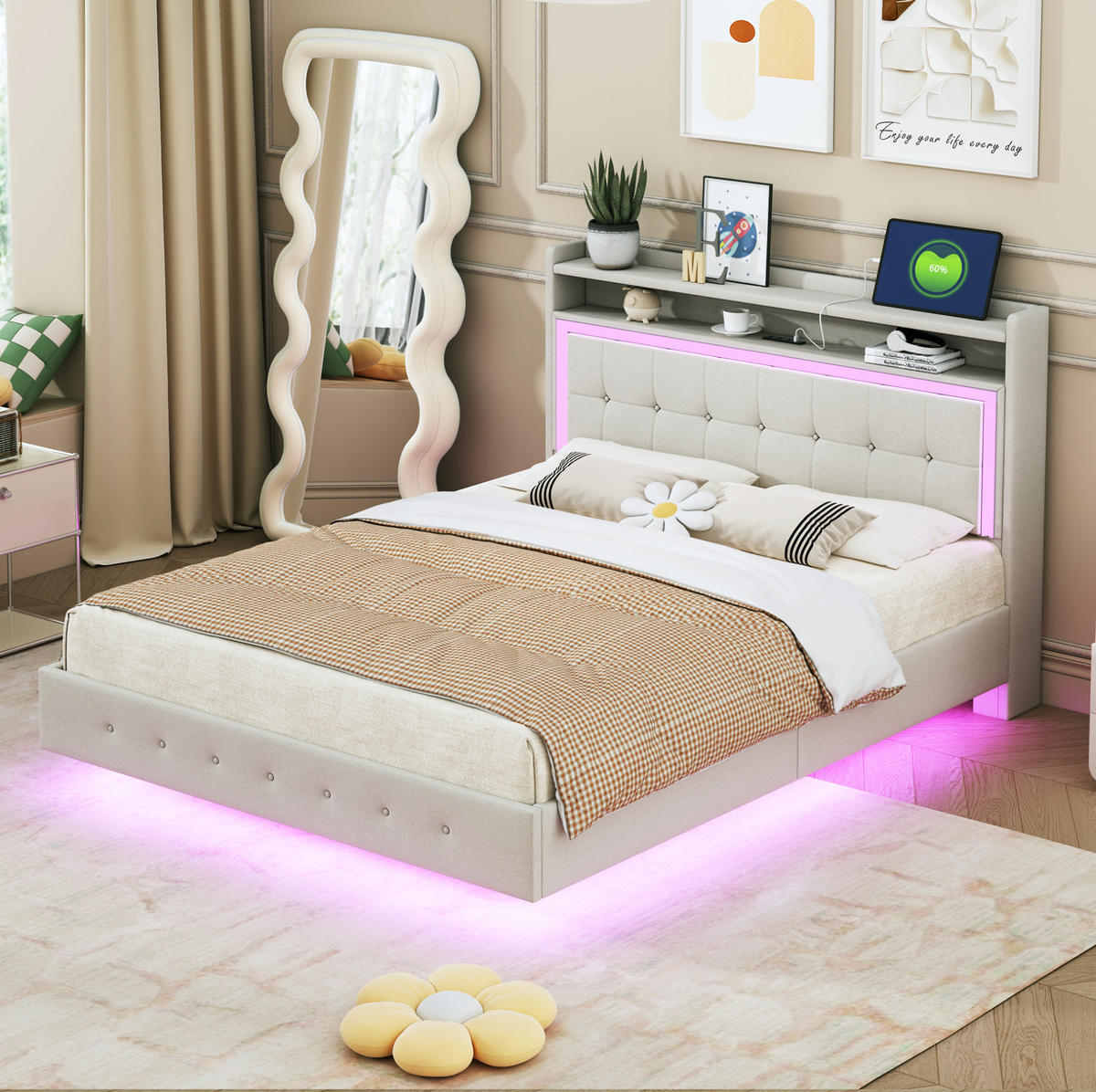 POLSTERBETT 140/200 cm Beige aus Stoff mit USB-Steckdose und LED-Beleuchtung - Beige, Textil (140/200cm) - OKMYHOME