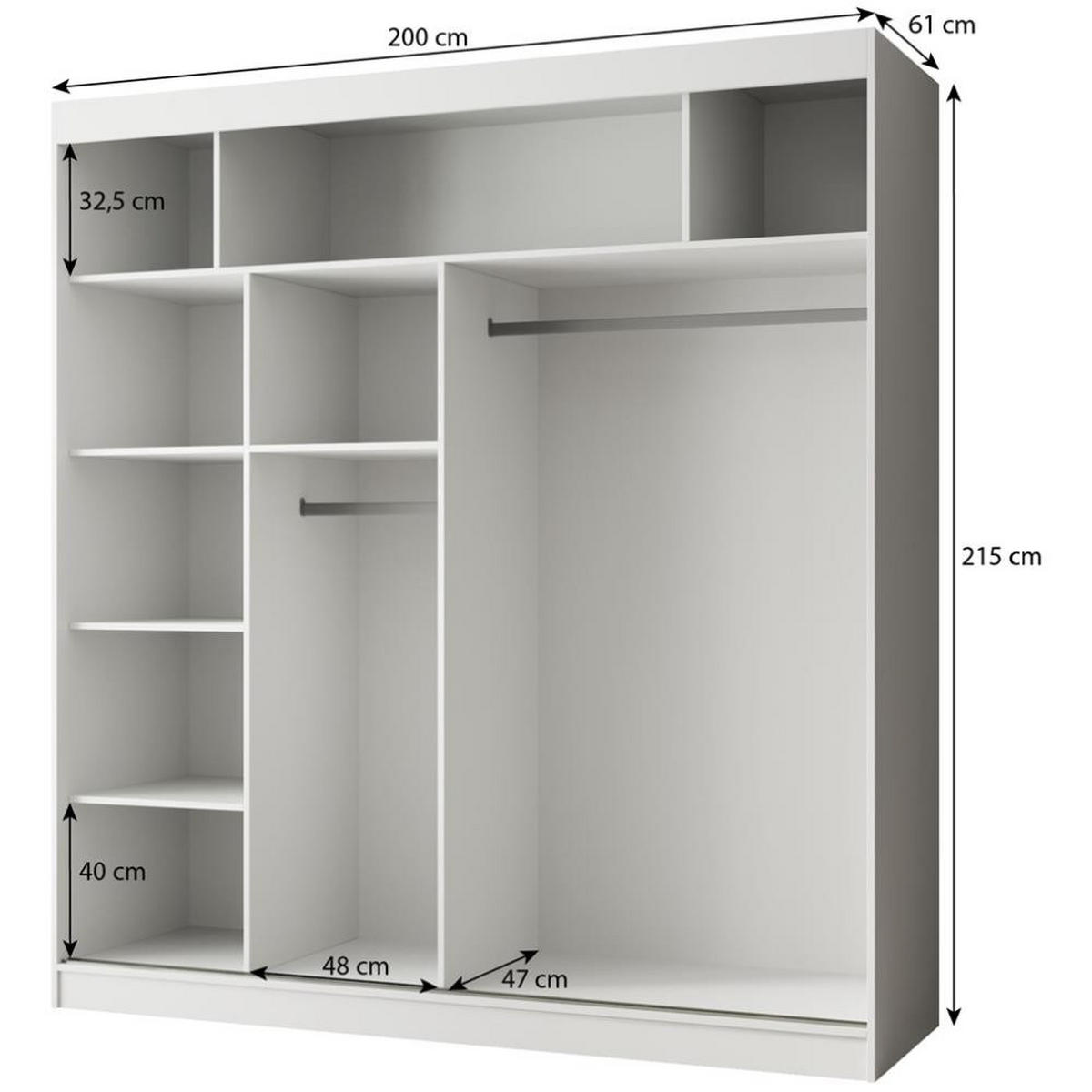 SCHWEBETÜRENSCHRANK Paco 200/215/61 2-türig schwarz mit Spiegel - Schwarz, Holzwerkstoff (200/215/61cm) - Beautysofa