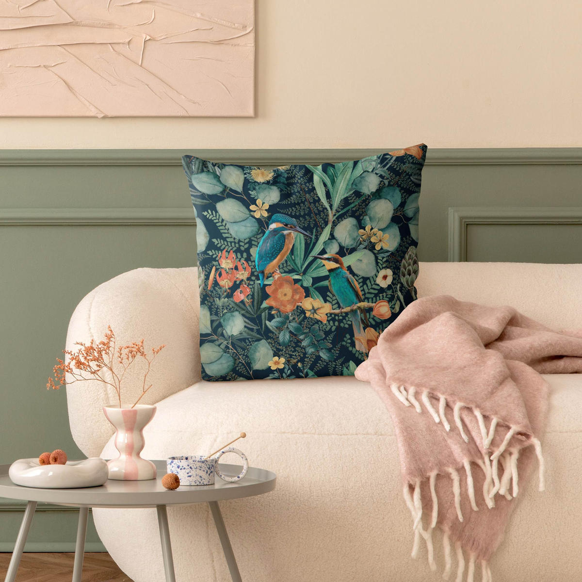 DEKOKISSEN Blumenparadies Eisvogel und Kolibri 50/50 cm - Grün, Textil (50/50/10cm) - Bilderwelten