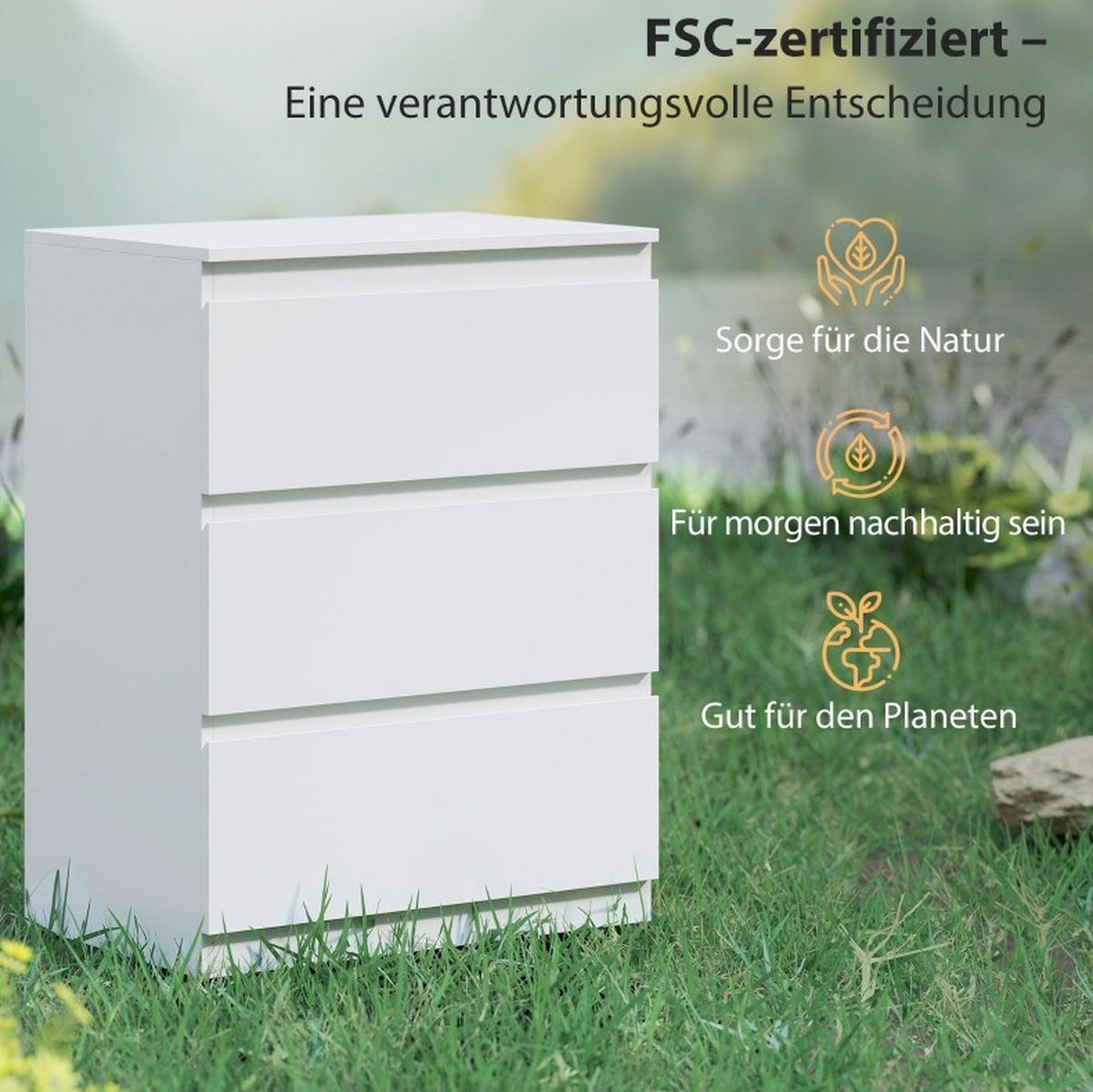 KOMMODE in Weiß mit 3 Schubladen, grifflosem Design und FSC-zertifizierter Spanplatte,79/40/60 cm - Weiß, Holz (60/79/40cm) - Flora Grace