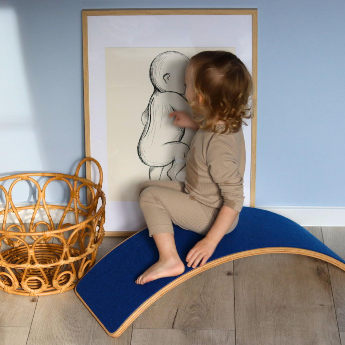 BALANCIERBRETT mit Filz für Kinder 80x30cm, Natur Balance Board, Blau - Blau, Holz (30/18/80cm) - MeowBaby