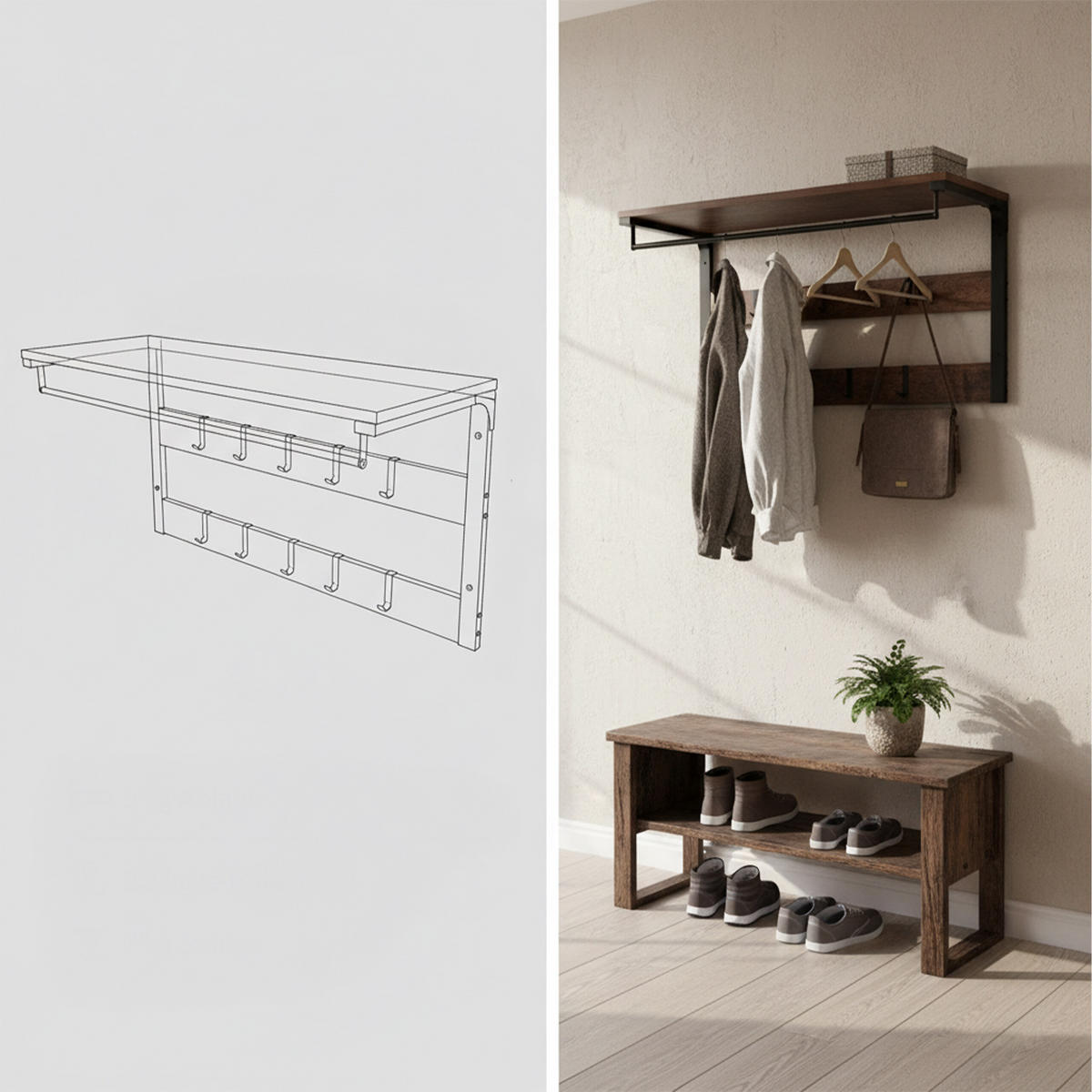 WANDGARDEROBE Dunkelbraun Schwarz 10-Haken mit Ablage - Multicolor, Holzwerkstoff/Metall (80/42/30cm) - Relaxdays