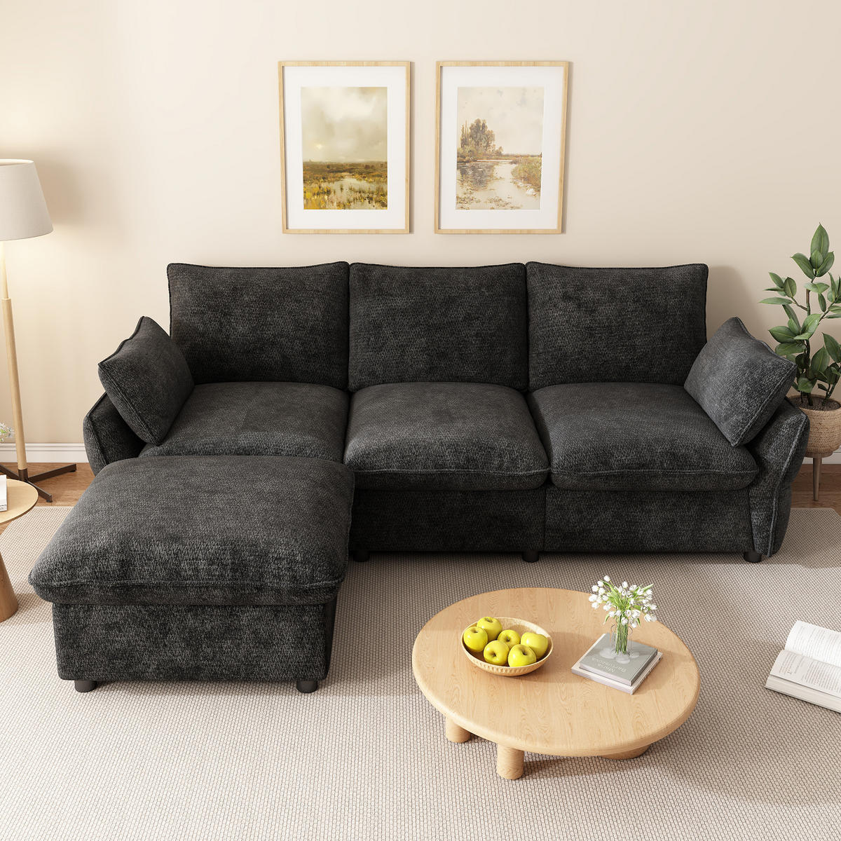 ECKSOFA 222.5/154.5/76.5 cm Dunkelgrau Chenille mit 1 Fußhocker - Dunkelgrau, Textil (222.5/154.5cm) - Oxeza