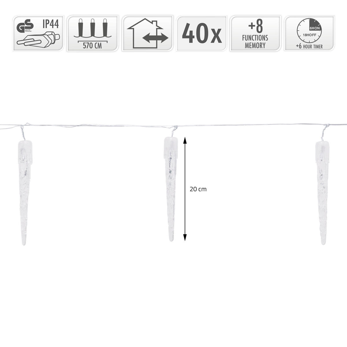 LICHTERKETTE Eiszapfen 570 cm mit 40 LED Kaltweiß - Weiß, Kunststoff (1070cm) - ECD-Germany