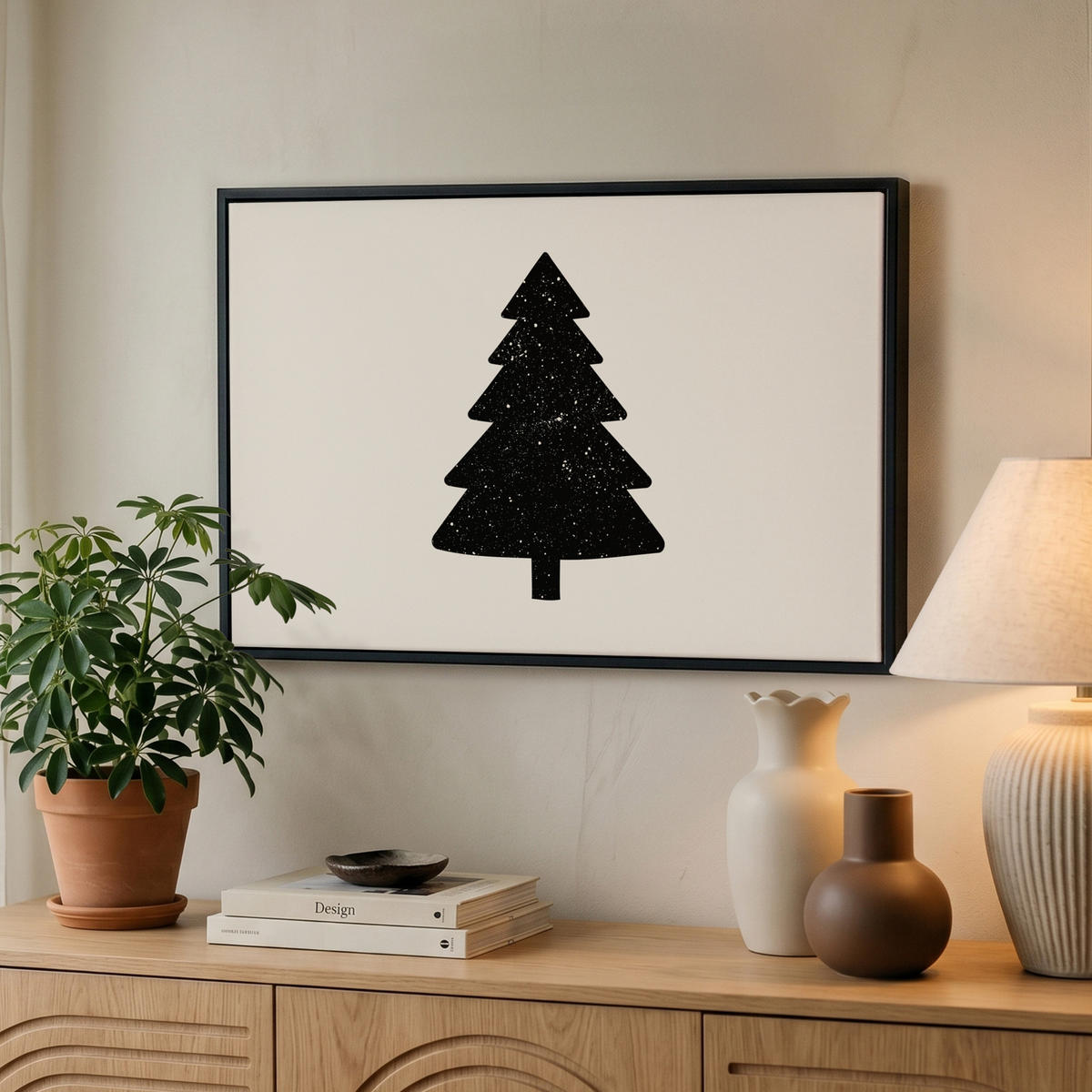 LEINWAND Bilder mit Rahmen - Weihnachtsbaum - Schwarz - Urlaub - Beige - 60x40 - Schwarz, Textil (60/40cm) - MuchoWow