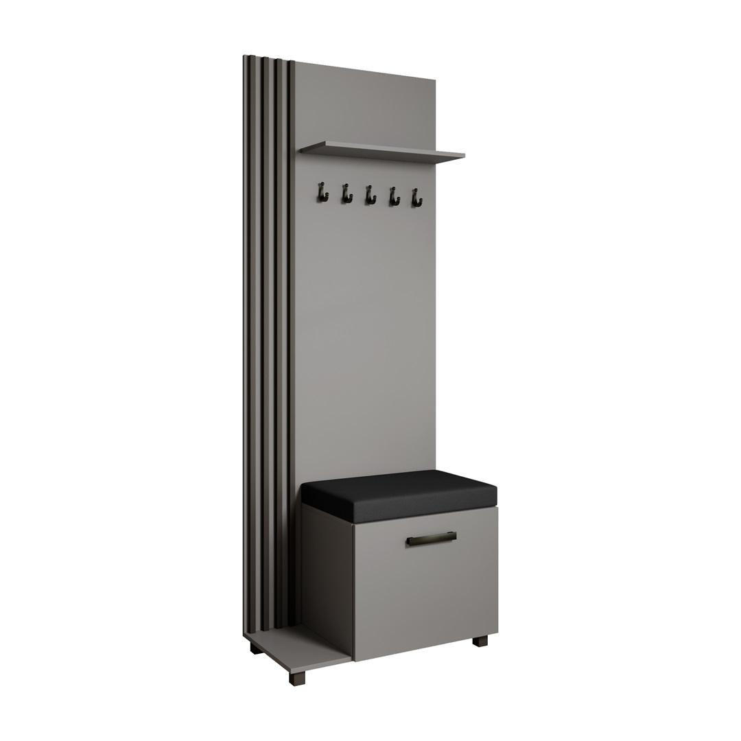 ŠATNÍ skříň LIVIA – vysoká skříň s věšáky a botníkem, grafit, lamely černé, sedák černý, levá - grafitová, kompozitní dřevo (79/207/42cm) - Beautysofa