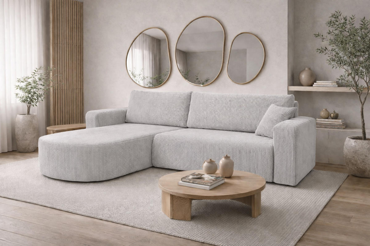ECKSOFA Mit Schlaffunktion, Cordstoff Poso, Hellgrau, Links, ROUND ONE XL - Hellgrau, Holz (271/175cm) - Kaiser Möbel