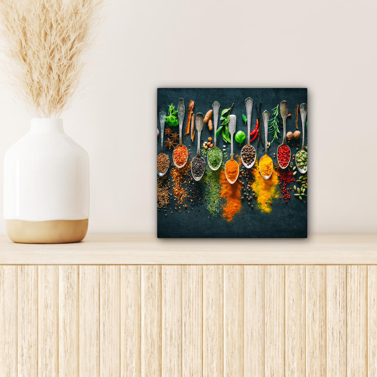 LEINWANDBILD Kräuter - Gewürze - Löffel 20x20 cm - Currygelb, Textil (20/20cm) - MuchoWow