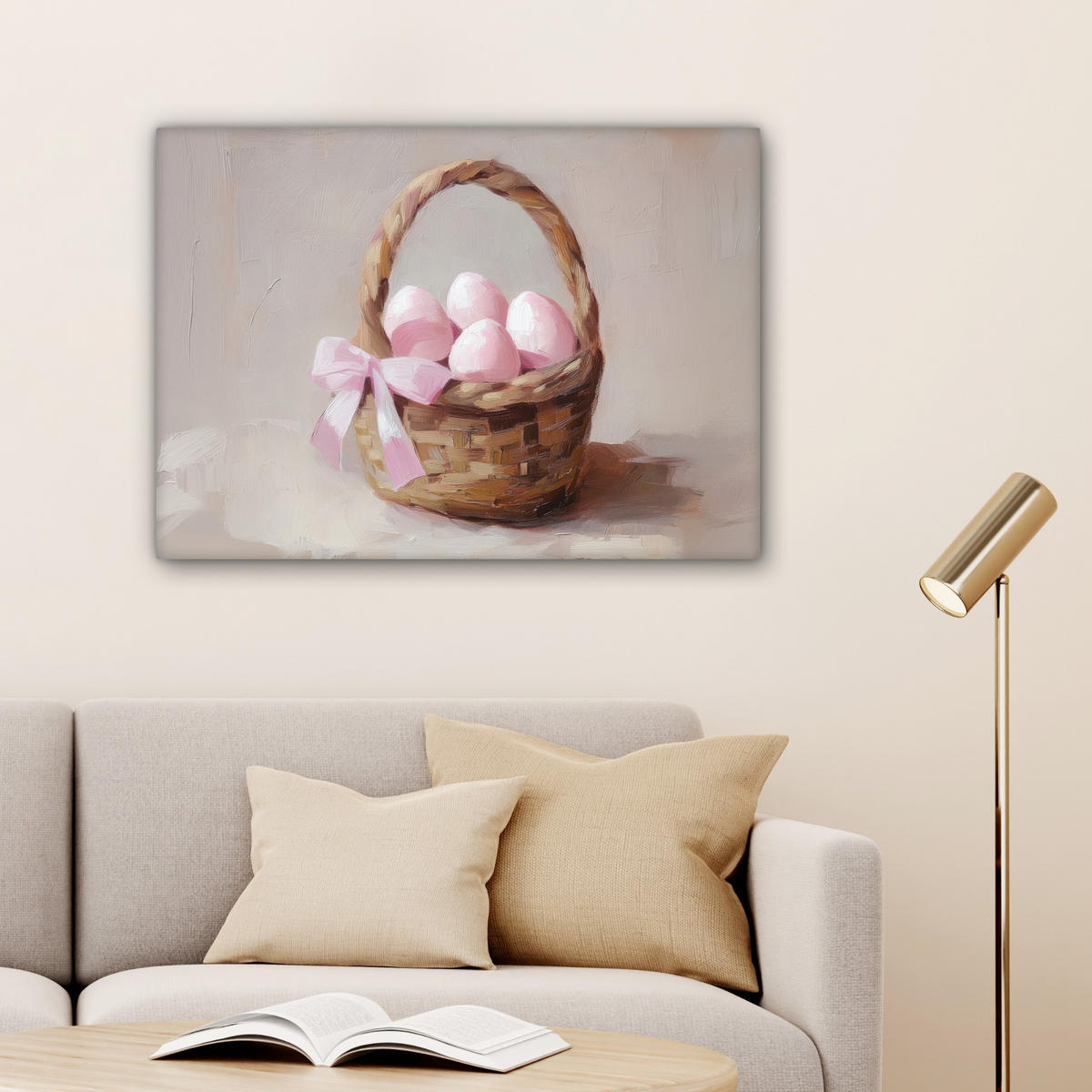 LEINWANDBILD Korb - Eier - Rosa Wandbilder 80x60 cm - Beige, Textil (80/60cm) - MuchoWow