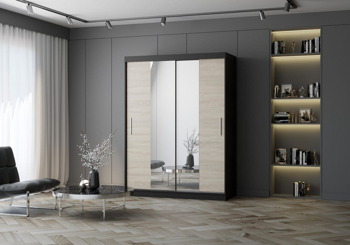 SCHIEBETÜRENSCHRANK - LARA 01 (Schwarz + Sonoma) - Schwarz/Sonoma Eiche, Holzwerkstoff/Metall (150/200/61cm) - Möblo