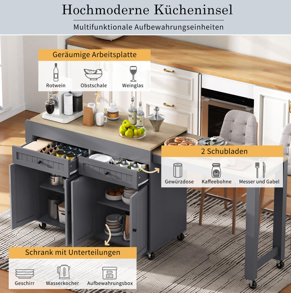 KÜCHENINSEL 112-180,5/45/92,2 cm mit ausziehbarer Arbeitsplatte und Rollen, platzsparender Stauraum, Natur/Grau - Grau, Holzwerkstoff (180.5/92.2/45cm) - Redom
