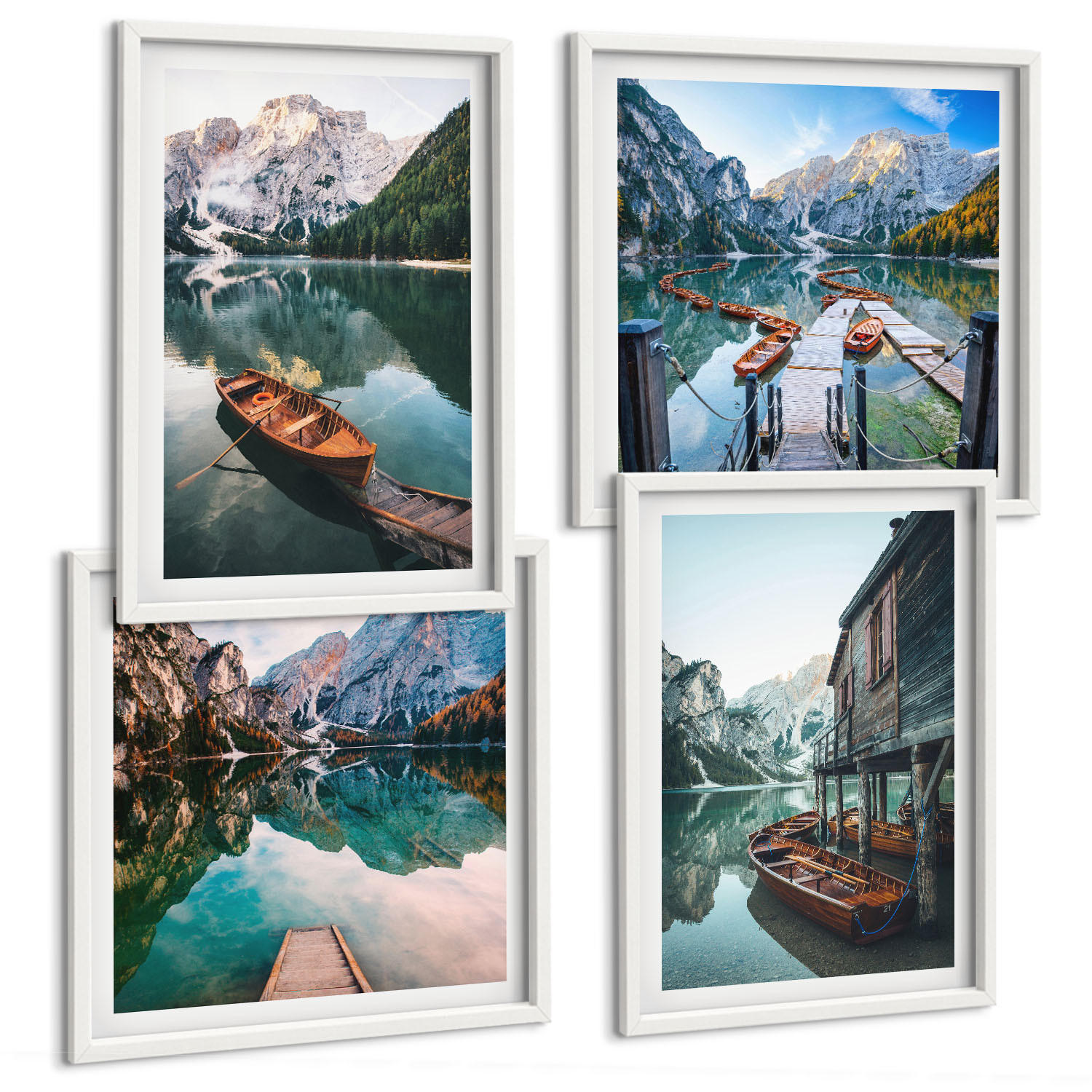 BILDER SET 4er Set - 50x50 cm & 40x60 cm Weißer Rahmen - See, Berge, Boote, Ferienhaus - Weiß, Kunststoff (50/50cm) - TULUP