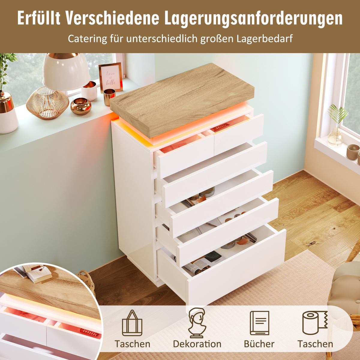 KOMMODE LED Hochglanz grifflos Touch/App 6 Schubladen 15kg leise Schienen Kippsicherung - Weiß, Holzwerkstoff (73/115/39cm) - EVRYAE