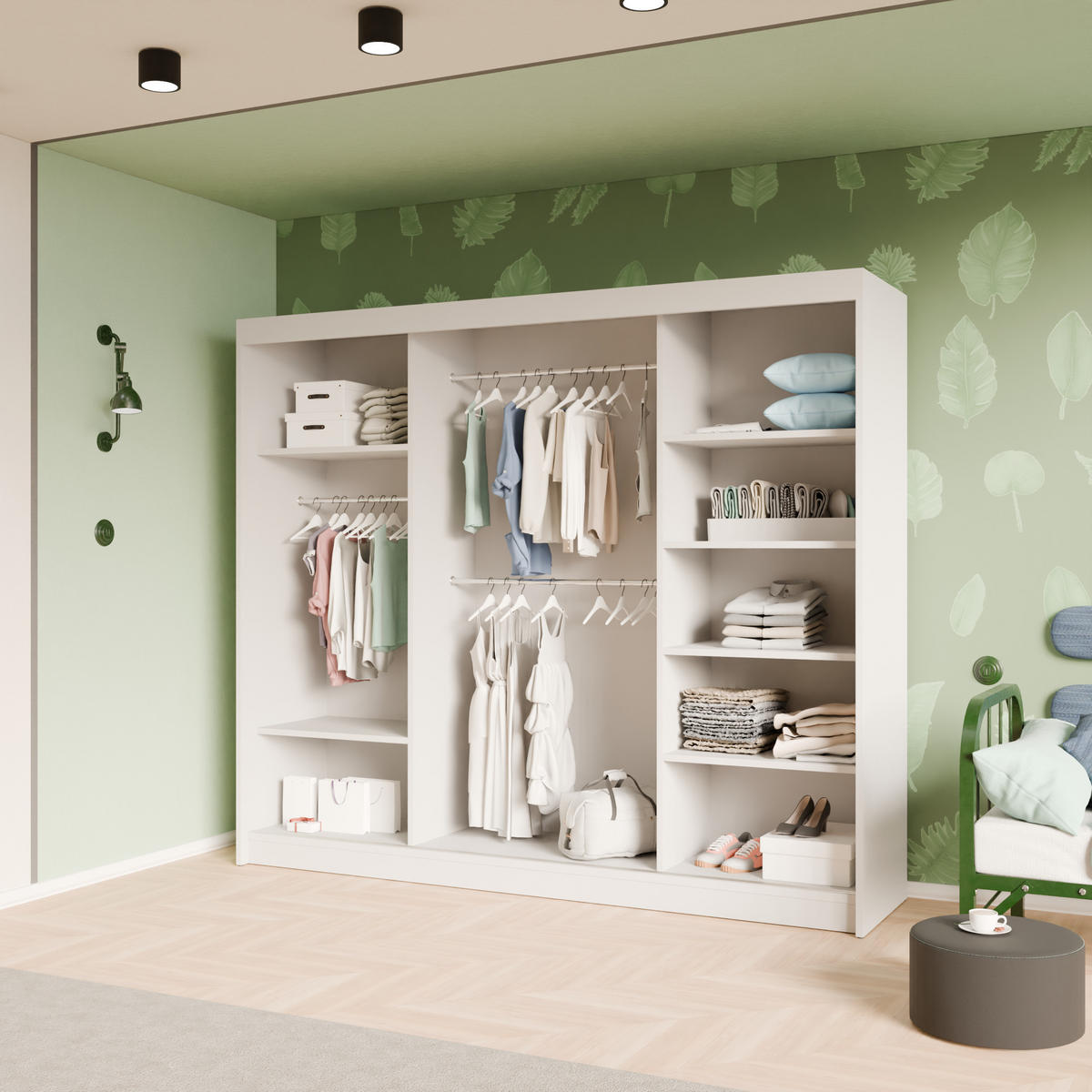 SCHIEBETÜRENSCHRANK LAMELIS - Eiche Wotan/Weiß, Holzwerkstoff (250/215/61cm) - Meblini