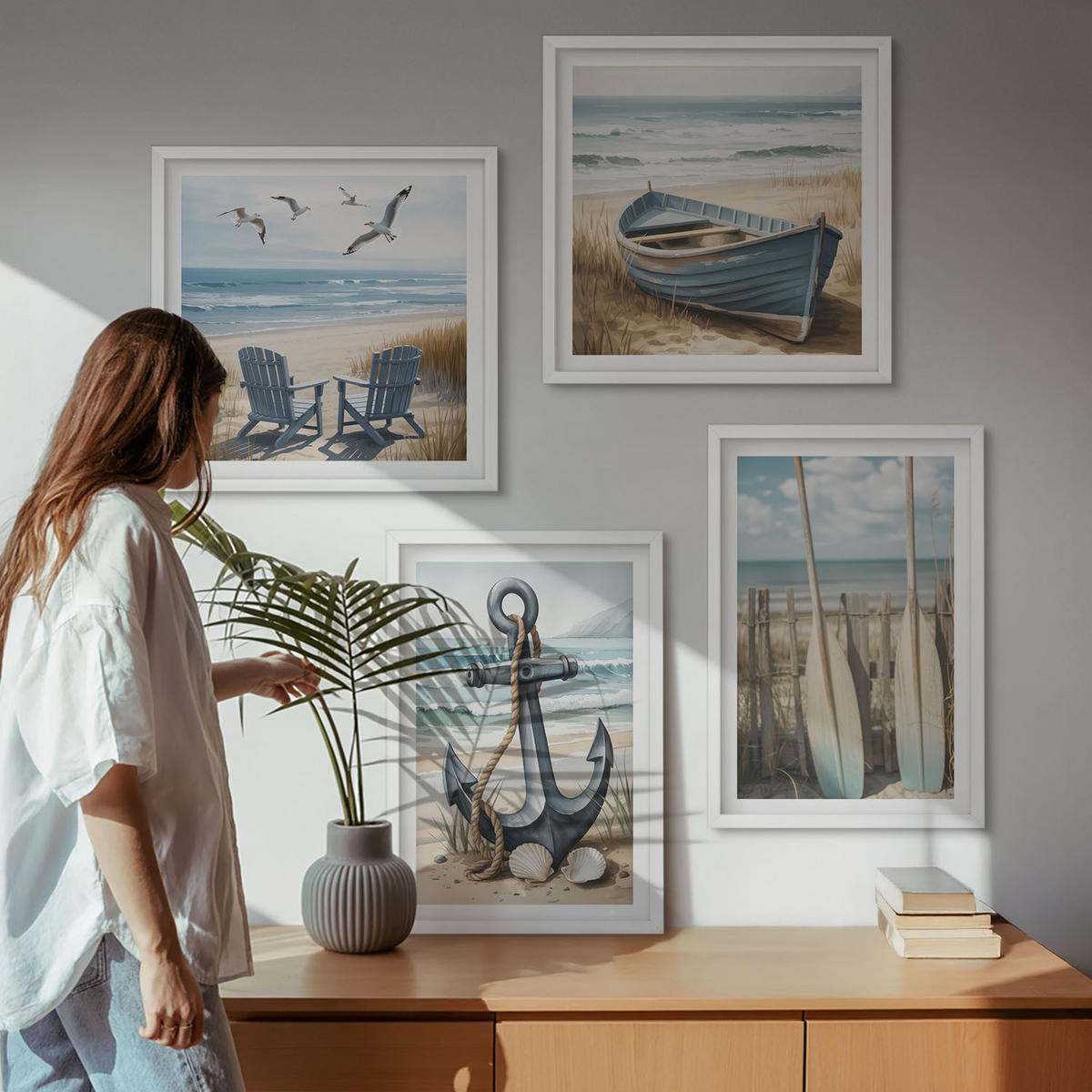 BILDER SET 4er Set - 50x50 cm & 40x60 cm Weißer Rahmen - Anker, Boot, Ruder, Strand - Weiß, Kunststoff (50/50cm) - TULUP