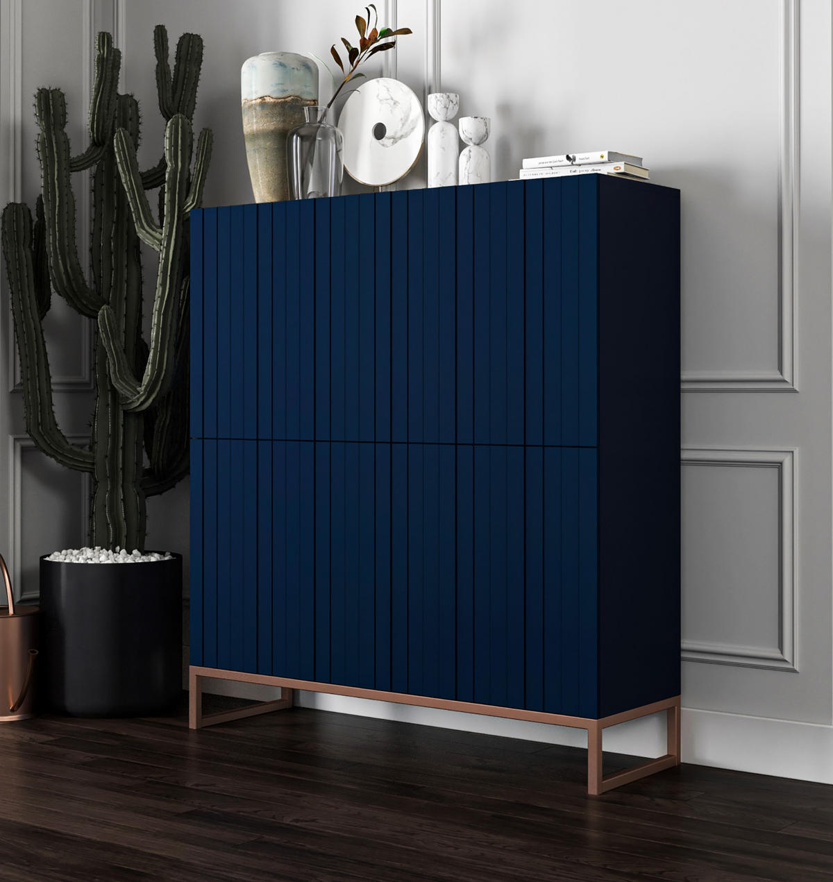 KOMMODE Elpis 4D Marineblau Matt Glamour 112 cm - Blau/Kupferfarben, Holzwerkstoff/Metall (112/126/36.5cm) - Meble Lindner