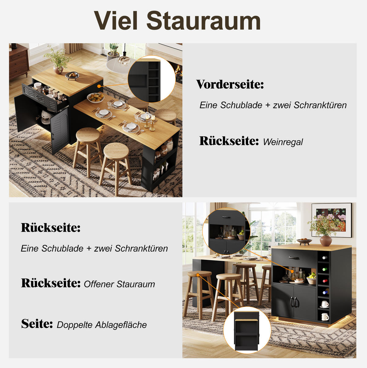 KÜCHENINSEL 80/70/95,5 cm aus MDF mit ausziehbarem Tisch, 2 Schubladen und Weinregal, Schwarz - Schwarz, Holzwerkstoff (80/95.5/70cm) - Redom