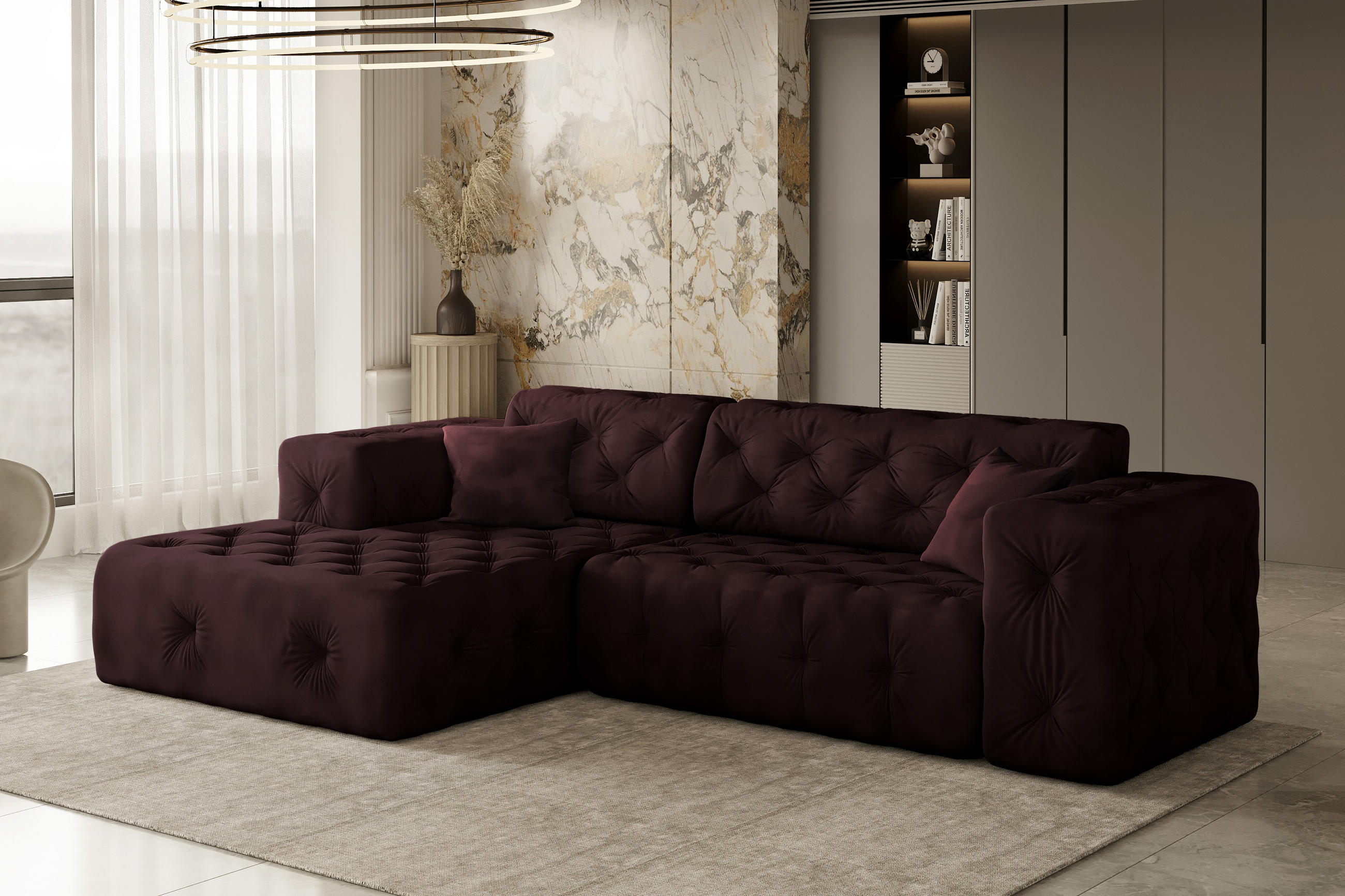 ECKSOFA L-Form Gesteppt LUX Stoff Whisper Links Rotwein - Dunkelrot, Holz/Kunststoff (165/266cm) - Kaiser Möbel