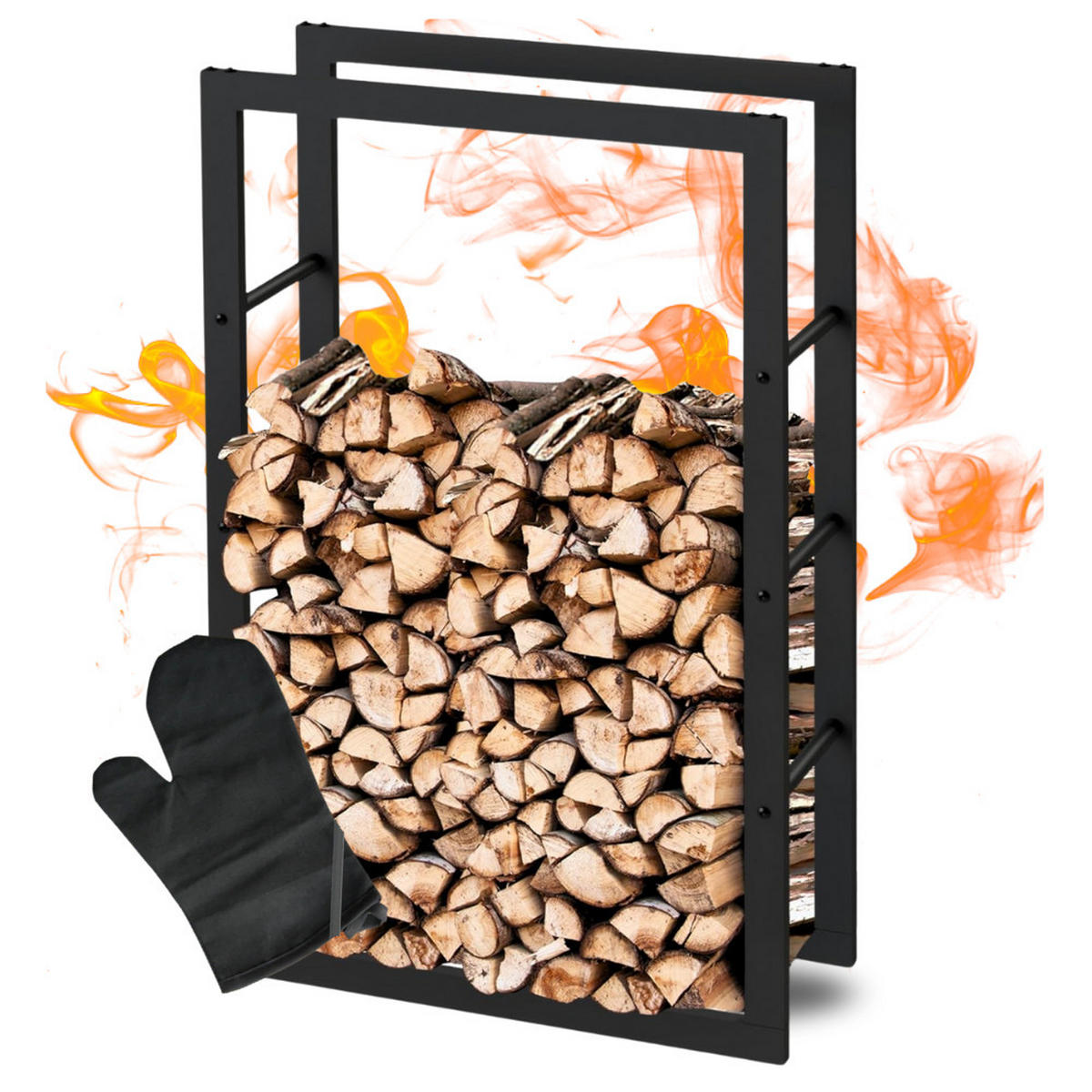 KAMINHOLZREGAL innen Metall KEOP Schwarz 60x25x100 cminkl. Ofenhandschuh - Schwarz, Metall (60/100/25cm) - DELUKE