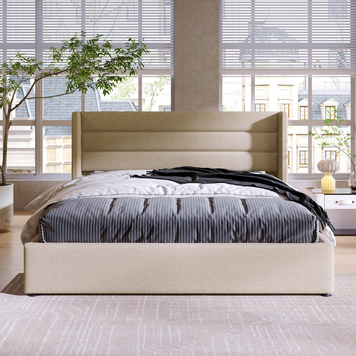 BETT mit Bettkasten 140x200 cm Leinen Beige inkl. Matratze - Beige, Metall (140/200cm) - Meubliv