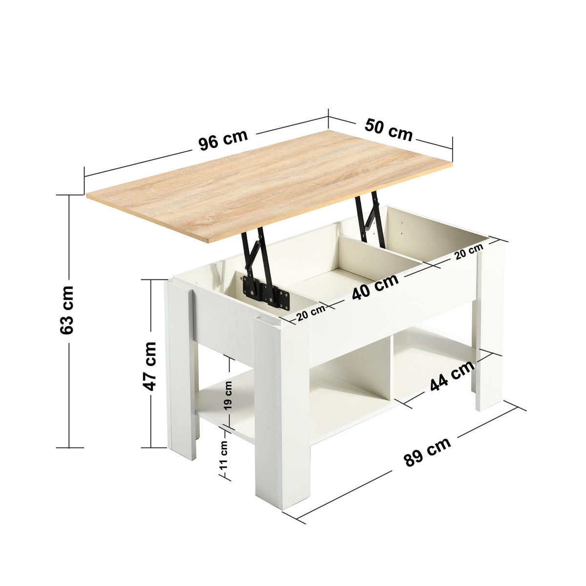 COUCHTISCH mit Lift-Top, Stauraum und Ablagefach, Weiß/Eiche - Weiß, Holz (96/50/47cm) - Urban Meuble