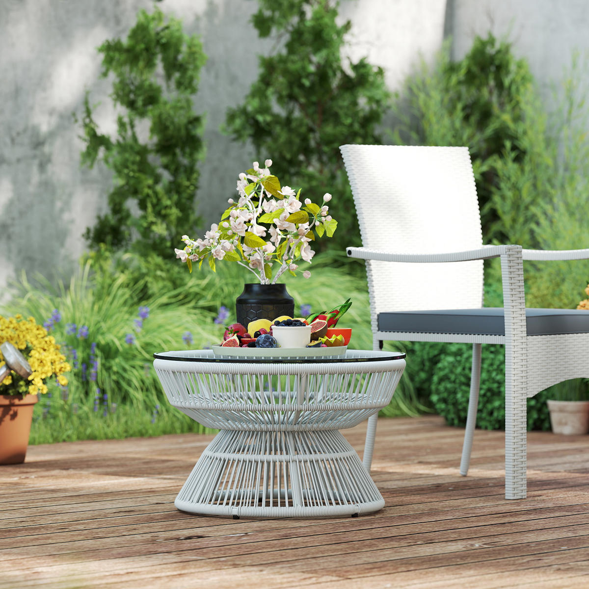 GARTENBEISTELLTISCH DE-13612 rund mit Glasplatte Natur - Hellgrau, Kunststoff/Metall (60/60/37cm) - ComfortXL