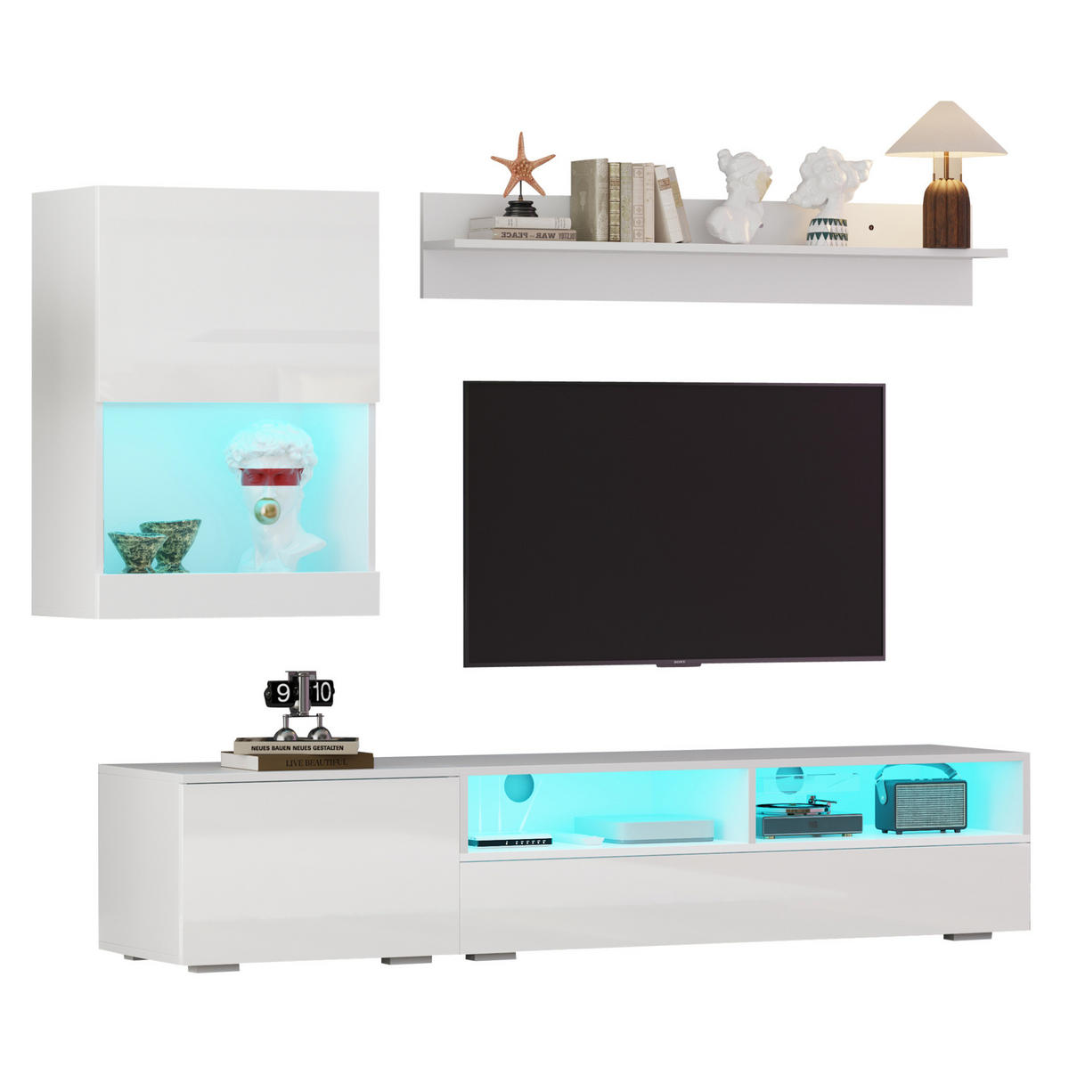 TV-WOHNWAND-SET 175/39/34 cm aus Spanplatte mit LED-Beleuchtung und Hochglanzfronten Weiß - Weiß, Holzwerkstoff (175/34/39cm) - Modenvie