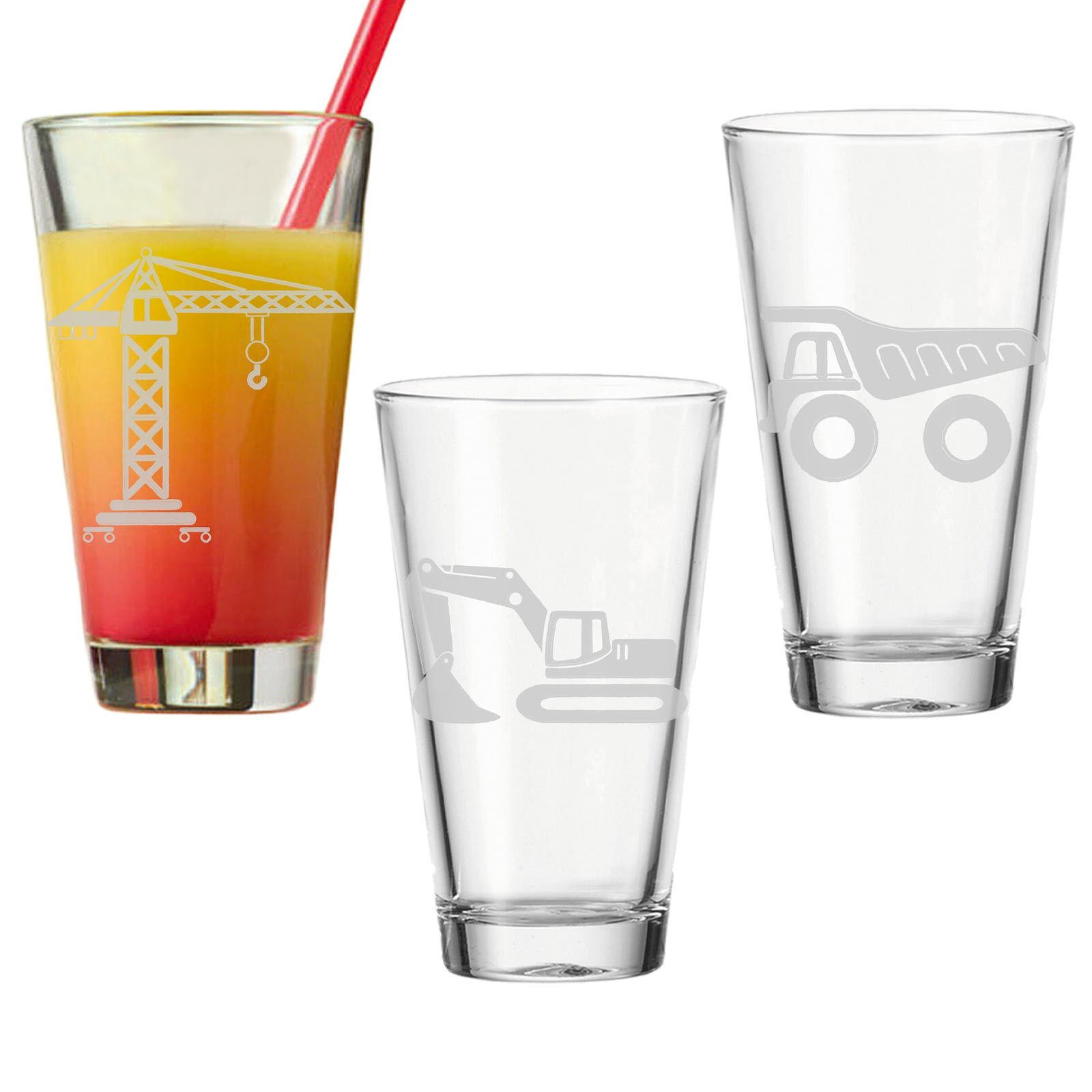 KINDERBECHER Baustellenfahrzeuge transparent 300 ml 3er Set - Transparent, Glas (0.3L) - LUXENTU