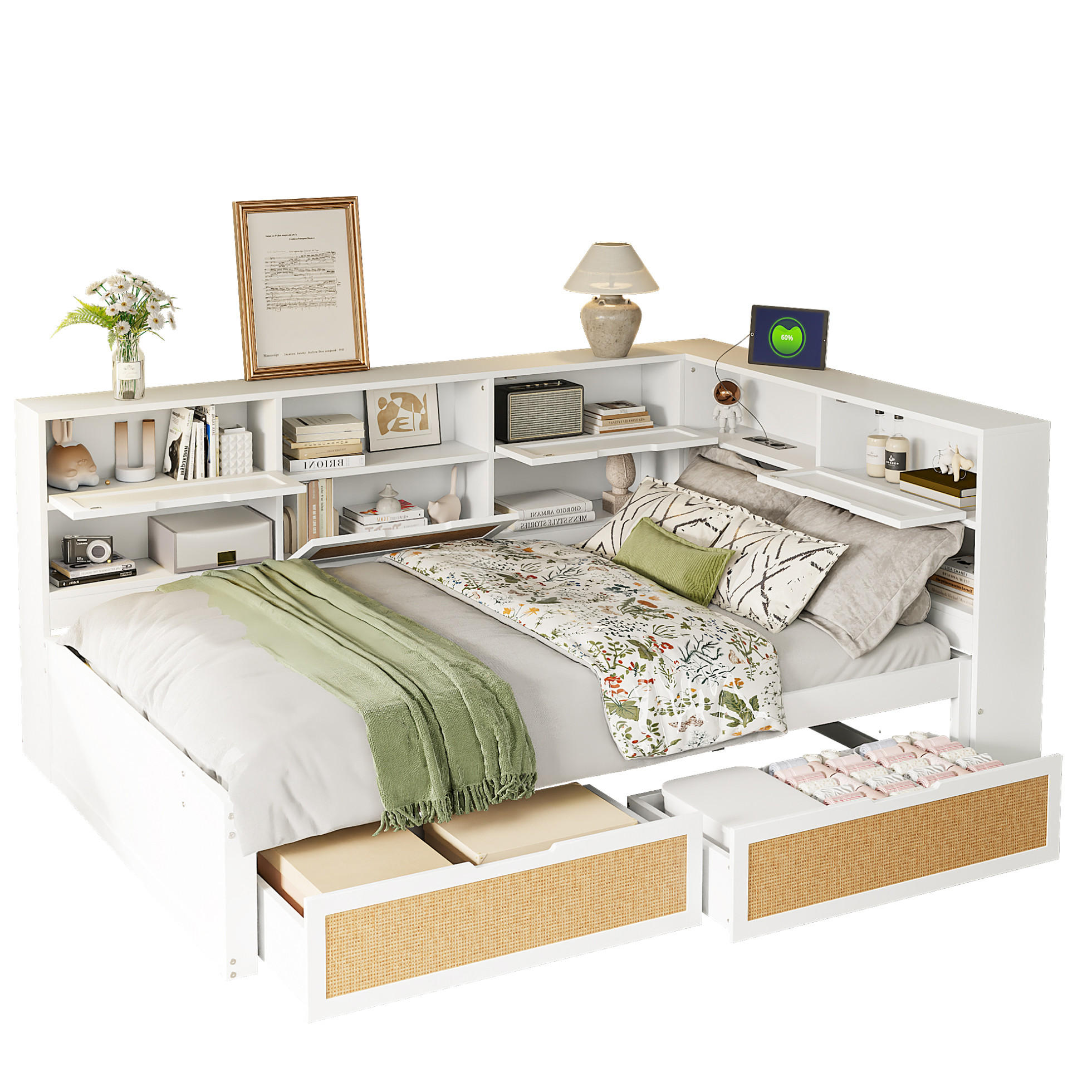 BETT 140/200 cm in Weiß mit Stauraum und USB-Ladeanschlüssen inkl. Lattenrost - Weiß, Holzwerkstoff (140/200cm) - BEAOK
