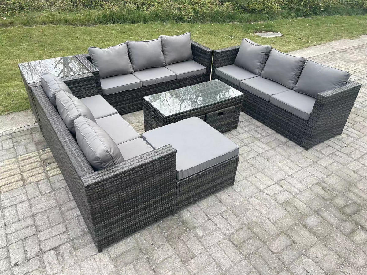 LOUNGESOFA Polyrattan 12-Sitzer - Dunkelgrau/Grau, Glas/Kunststoff - Fimous