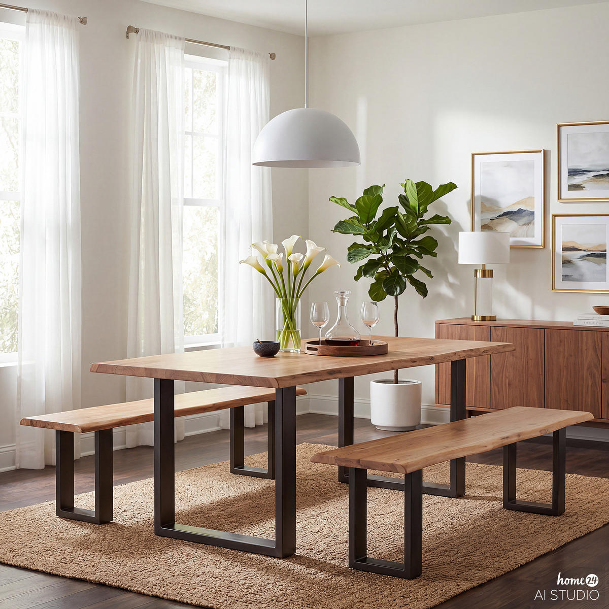 SITZBANK - Metall / Massivholz Akazie - Schwarz/Akaziefarben, Holz/Metall (180/45/45cm) - home24