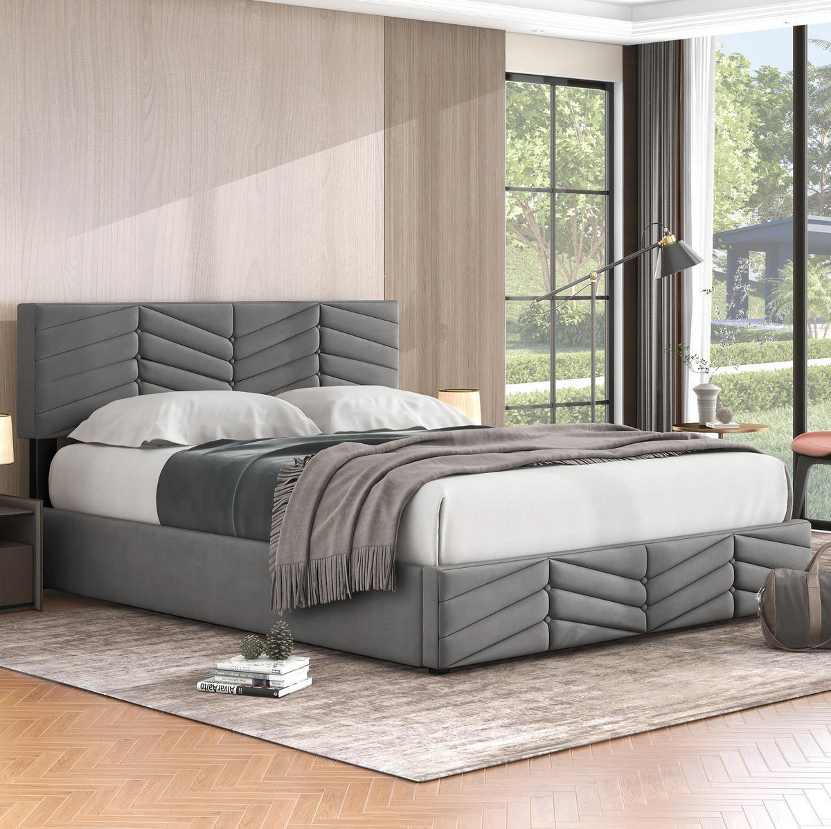ČALÚNENÁ posteľ zo zamatu 140x190 cm sivá s nastaviteľným čelom a hydraulickým úložným priestorom - sivá, textil (140/200cm) - Modfu