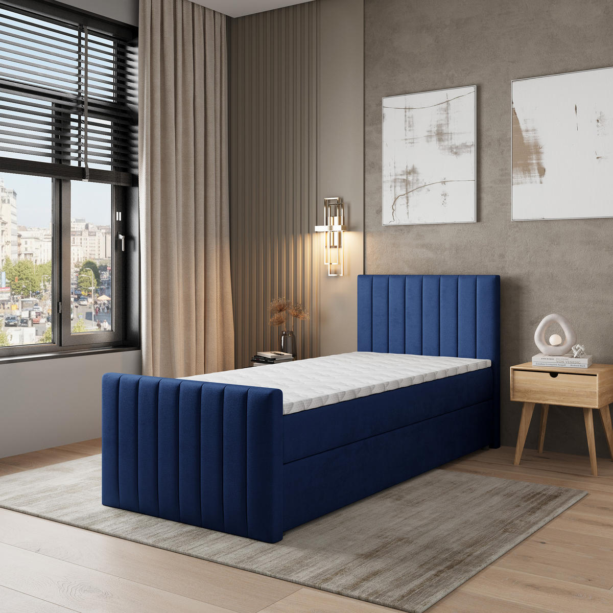 BOXBETT ARION 80 80x200 cm mit Matratze und Topper, H2+H3 - Blau - Blau, Holz (80/200cm) - MASSENO