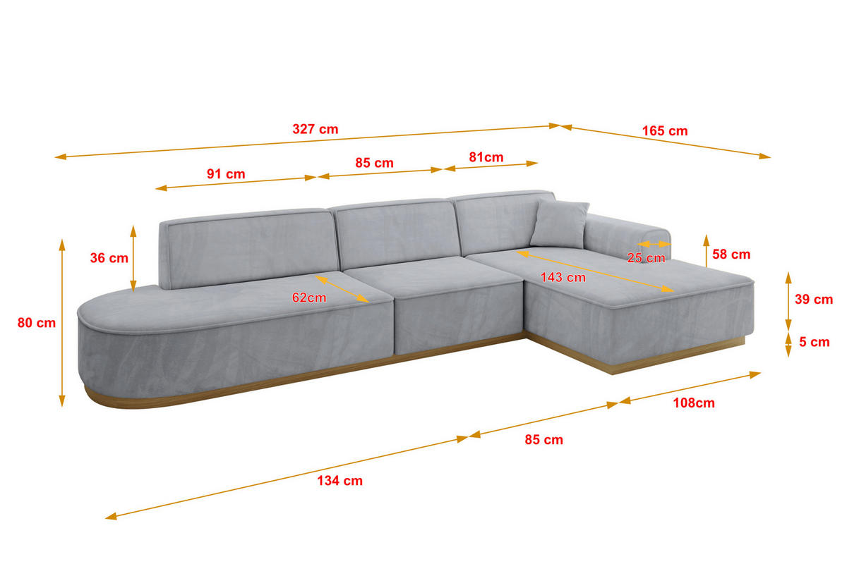 ECKSOFA Ottomane Rechts IREA-L2-v2 - 327x165x80 cm Grau - Titanfarben, Holzwerkstoff/Textil (327/165cm) - ALTDECOR