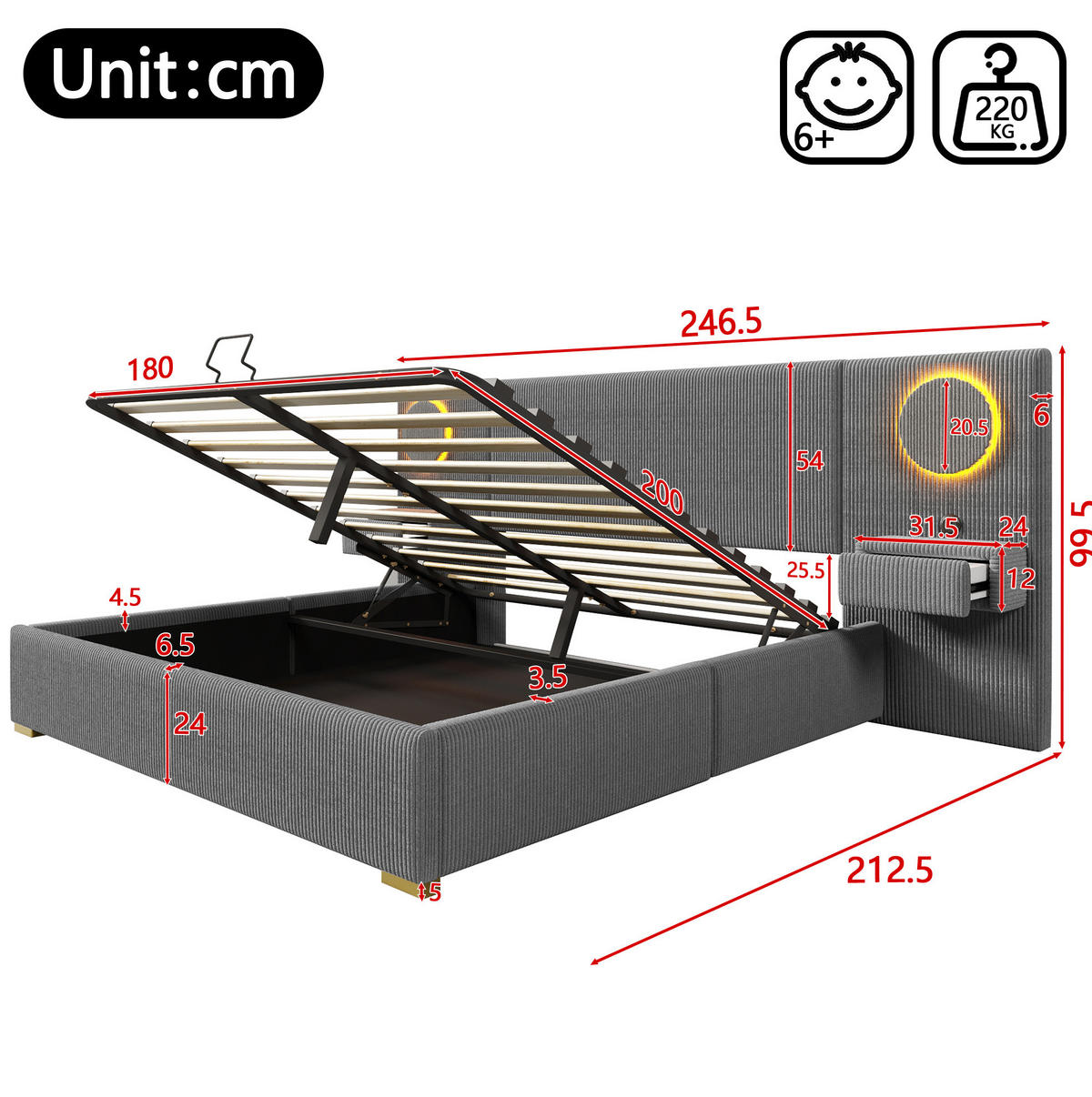 ČALOUNĚNÁ postel 180/200 cm s LED osvětlením, USB porty a hydraulickým úložným prostorem, Šedá - šedá, textil (180/200cm) - Redom