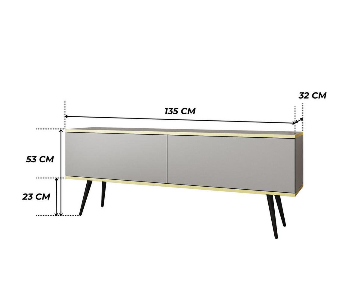 TV-LOWBOARD FORNO (Grau, Goldene Details, 2 Türen, schwarze Metallfüße, 135 cm) - Schwarz/Grau, Holz/Holzwerkstoff (135/53/32cm) - Ravio