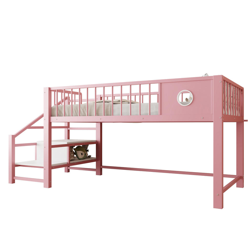 FLIEKS VYVÝŠENÁ POSTEL 90x200 cm Růžová Kov Schody Úložný prostor